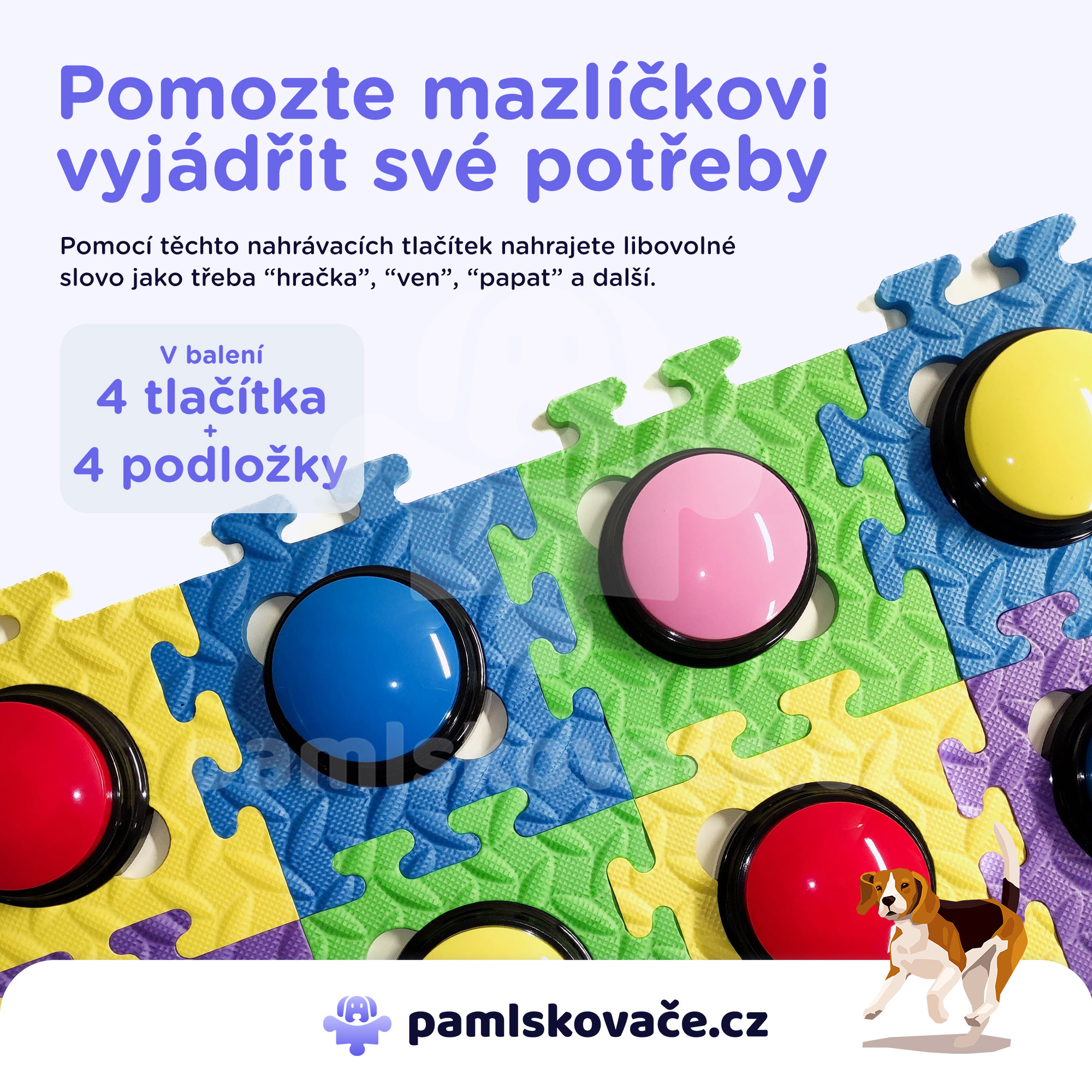 Komunikační tlačítka pro psy - Puzzle Bundle, 4 ks + podložky 4